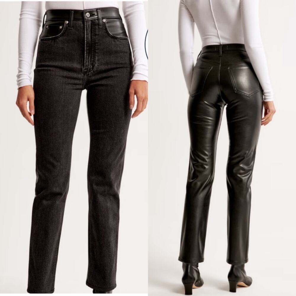 NWT Abercrombie 90's Straight Ultra High Rise Black Leather & Denim Jeans 29/8s